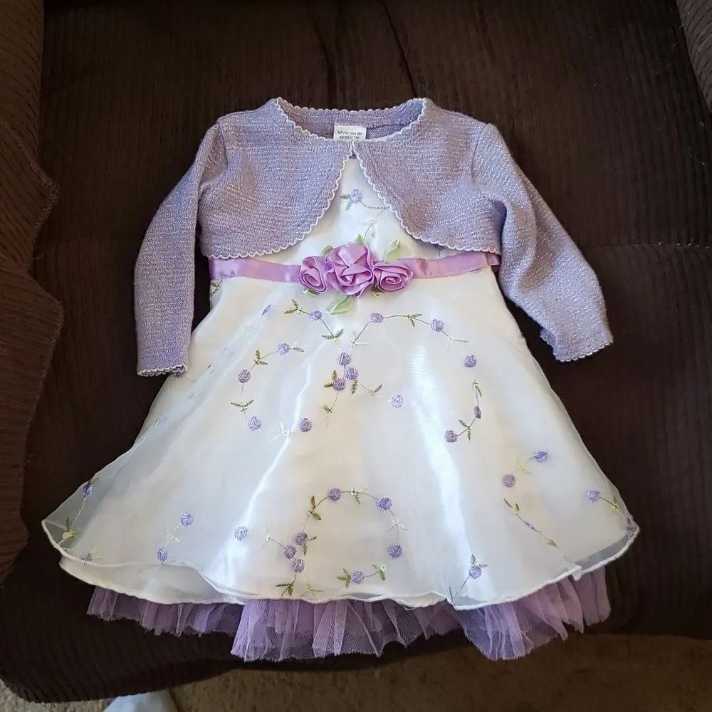 Beautiful Youngland Purple White Floral Embroidered 3 Tiered Baby Dress Sz 9 Mos
